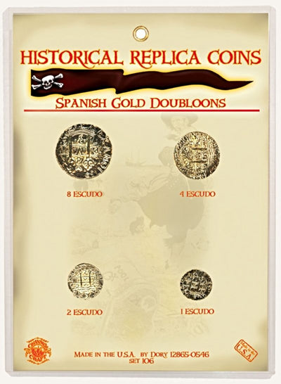 Historical Replica Set of 4 Spanish Gold Doubloons for your treasure chest, from Harvest ARRRay.