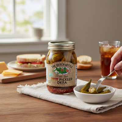 Jar of 'The Dutch Kettle' hot pickled okra on a table with a bowl of okra and a sandwich.