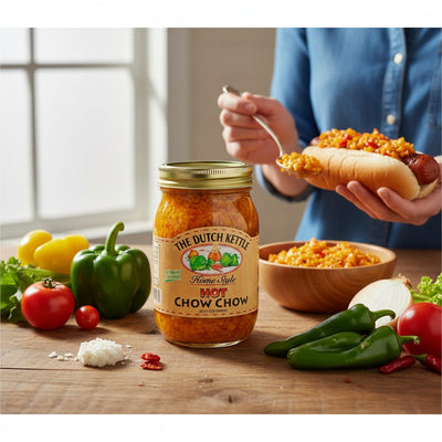 Person holding a hot dog with chili, jar of The Dutch Kettle Hot Chow Chow, and ingredients on a table.