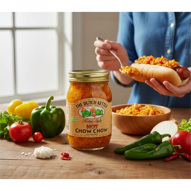Person holding a hot dog with chili, jar of The Dutch Kettle Hot Chow Chow, and ingredients on a table.