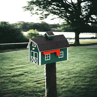 Hunter green and white Wooden Barn Mailbox on the post