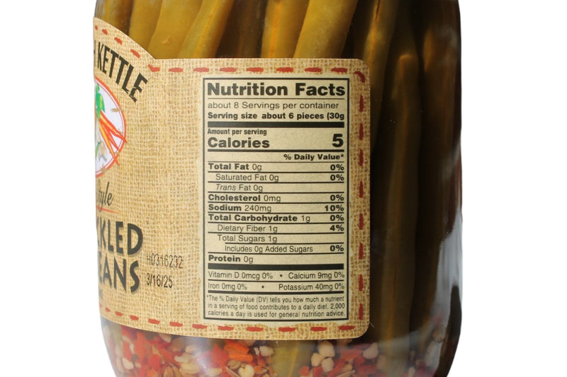 Nutritional label for the Dutch Kettle Amish Homemade Hot Pickled Dilly Beans