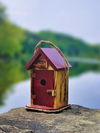 Red Single Outhouse Birdhouse by the lake