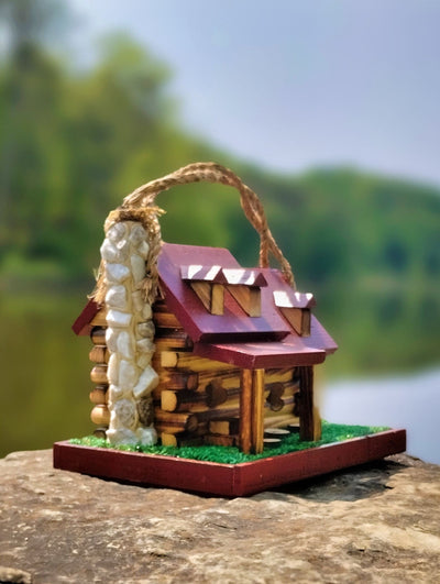 Red Log Cabin Birdhouse By The Lake