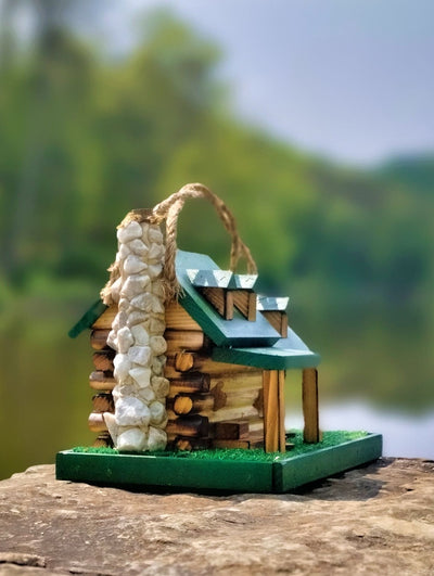 The Green Log Cabin Birdhouse by the Lake