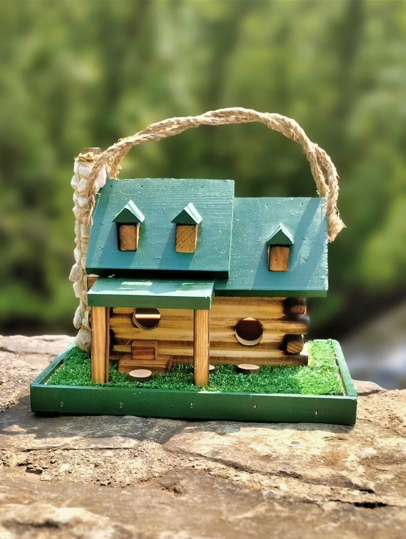 Amish made green Log Cabin Birdhouse