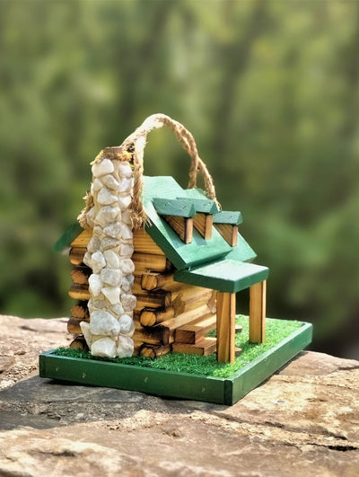 Side view of the Green Log Cabin Birdhouse