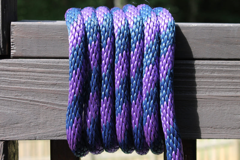Purple and Navy Solid Braided Multifilament Polypropylene Rope wrapped around a post