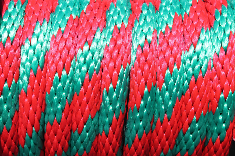 Close up of the Green and Red Solid Braided Multifilament Polypropylene Rope