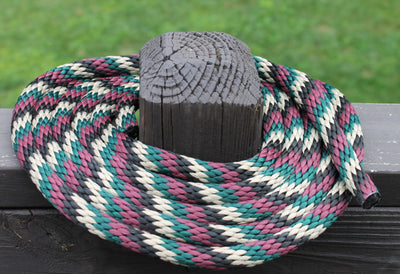 Burgundy, Black, Hunter Green, and Tan Solid Braided Multifilament Polypropylene Rope on a post