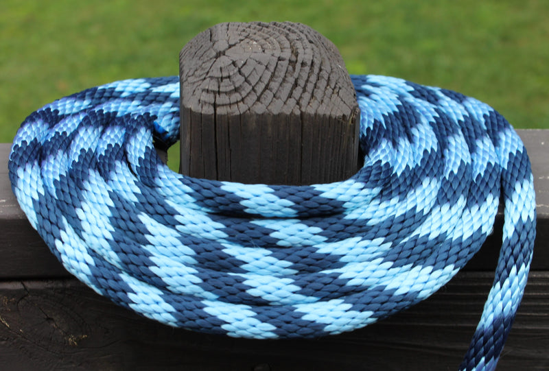 Sky Blue and Navy Solid Braided Multifilament Polypropylene Rope on a post