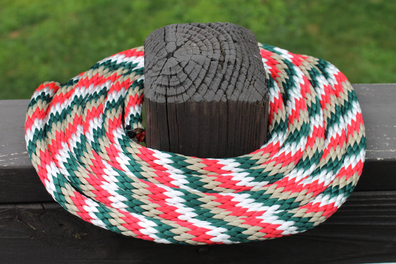 Red, Tan, White and Hunter Green Solid Braided Multifilament Polypropylene Rope on a post