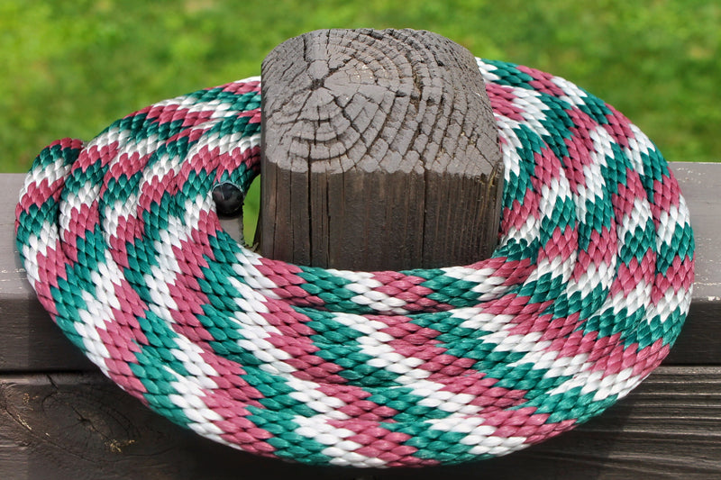 Burgundy Silver and Hunter Green Solid Braided Multifilament Polypropylene Rope on a post