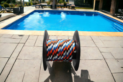 Orange, Blue, White & Black Solid Braided Multifilament Polypropylene Rope has many uses by swimming pools