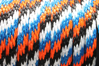 Close up of the Orange, Blue, White & Black Solid Braided Multifilament Polypropylene Rope