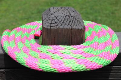 Hot Pink and Lime Solid Braided Multifilament Polypropylene Rope on a post