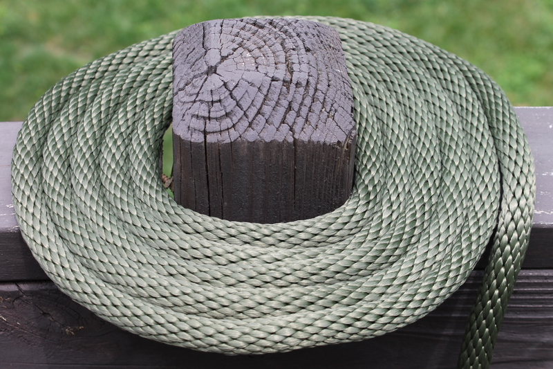 Olive Drab Solid Braided Multifilament Polypropylene Rope on a post