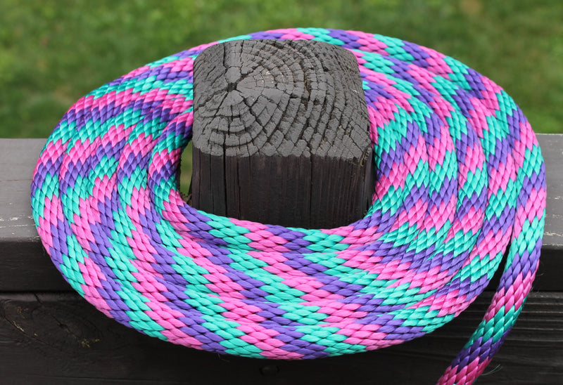 Purple, Raspberry and Teal Solid Braided Multifilament Polypropylene Rope on the post