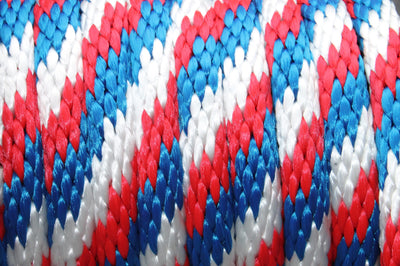 Close up of the Red, White, and Blue Solid Braided Multifilament Polypropylene Rope