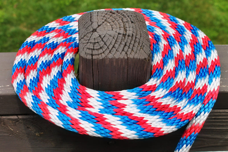Red, White, and Blue Solid Braided Multifilament Polypropylene Rope on a post