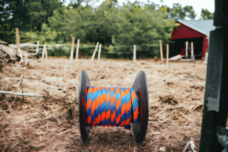 Blue and Orange Solid Braided Multifilament Polypropylene Rope on the Farm