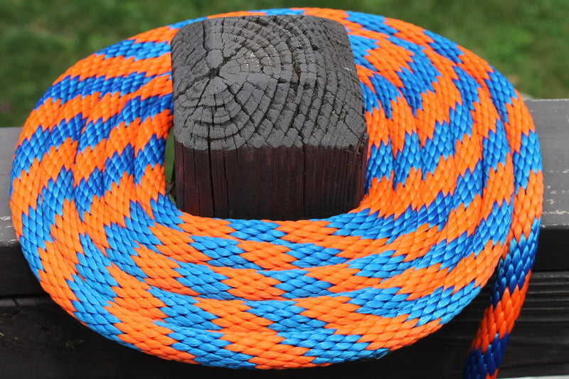 Blue and Orange Solid Braided Multifilament Polypropylene Rope on a post