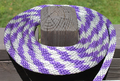 Purple and Silver Solid Braided Multifilament Polypropylene Rope on a post