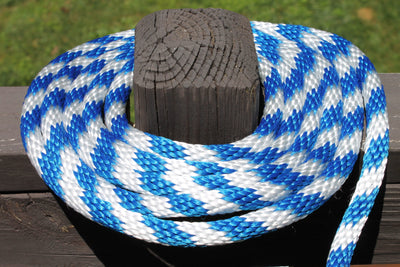 Blue and White Solid Braided Multifilament Polypropylene Rope in a coil
