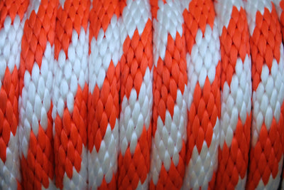 Close up of the Orange and White Solid Braided Multifilament Polypropylene Rope