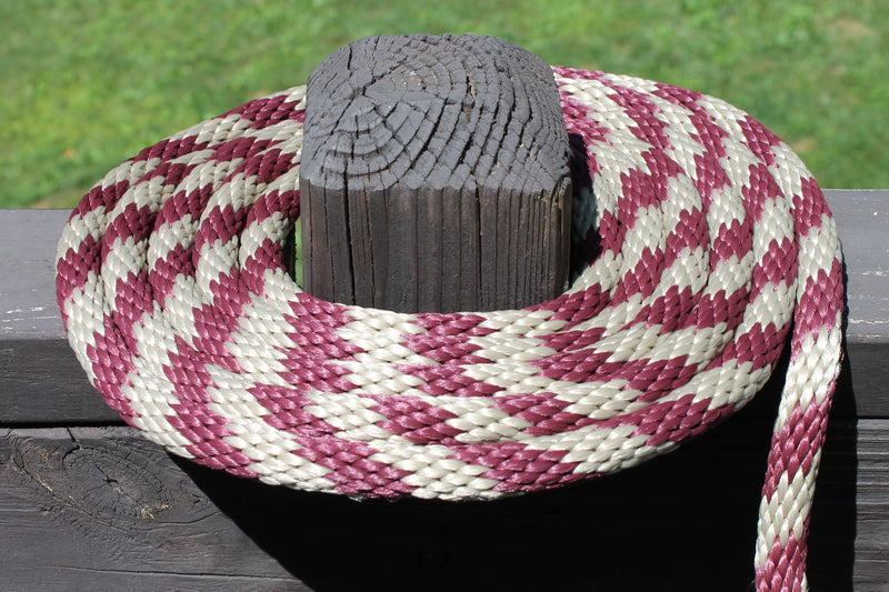 Burgundy and Tan Solid Braided Multifilament Polypropylene Rope on a post