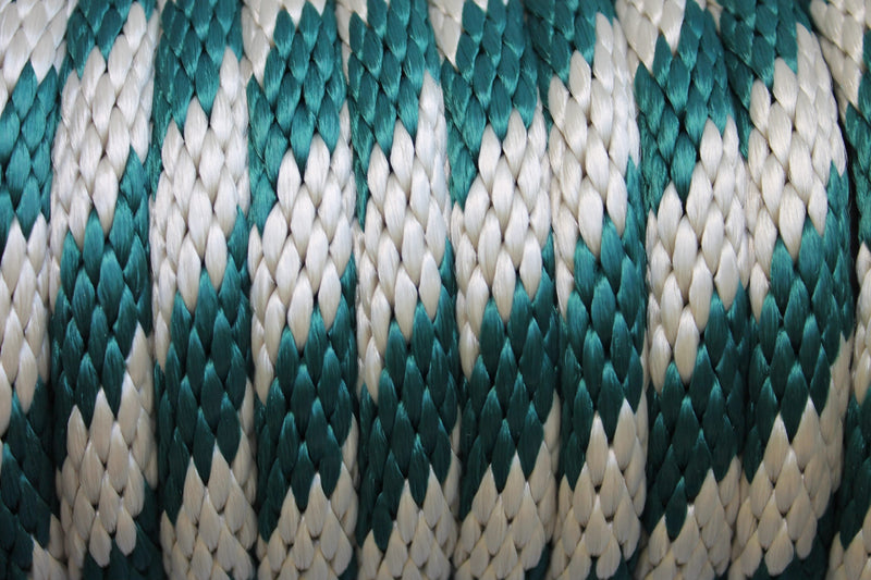Detail of the Hunter Green and Tan Solid Braided Multifilament Polypropylene Rope