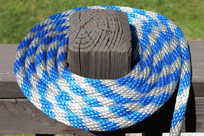 Blue and Silver Solid Braided Multifilament Polypropylene Rope on a post