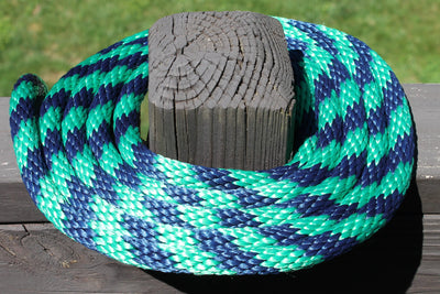 Green and Navy Solid Braided Multifilament Polypropylene Rope on a post
