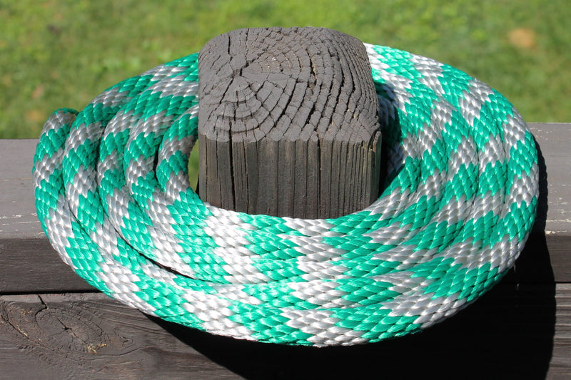 Green and Silver Solid Braided Multifilament Polypropylene Rope on a post