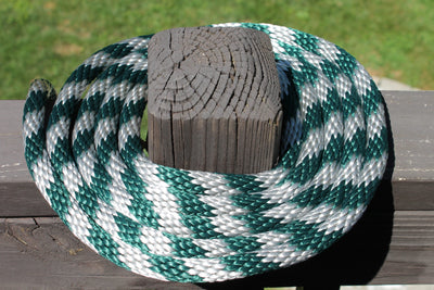 Hunter Green and Silver Solid Braided Multifilament Polypropylene Rope on a post