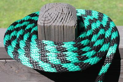 Green and Black Solid Braided Multifilament Polypropylene Rope on a post
