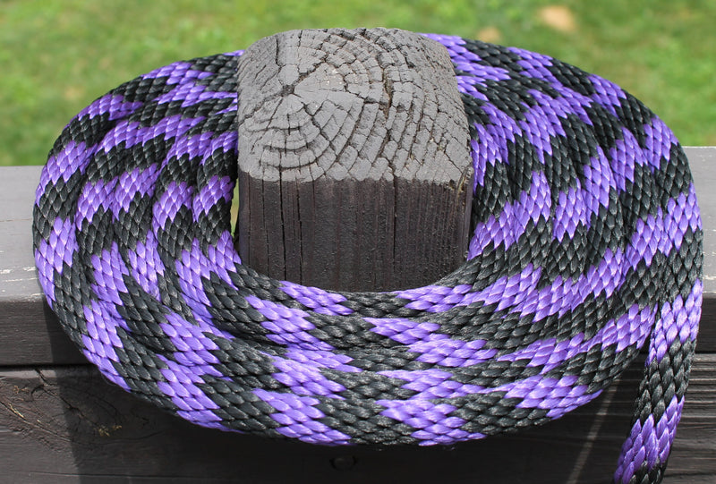 Purple and Black Solid Braided Multifilament Polypropylene Rope on a post