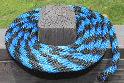 Blue and Black Solid Braided Multifilament Polypropylene Rope on a post