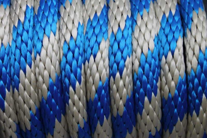 Close up of the Blue and Tan Solid Braided Multifilament Polypropylene Rope