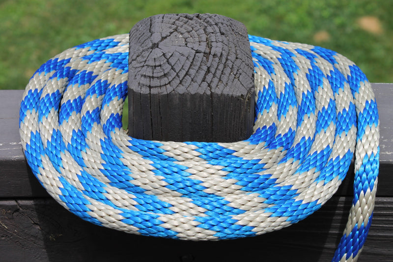 Blue and Tan Solid Braided Multifilament Polypropylene Rope on a post