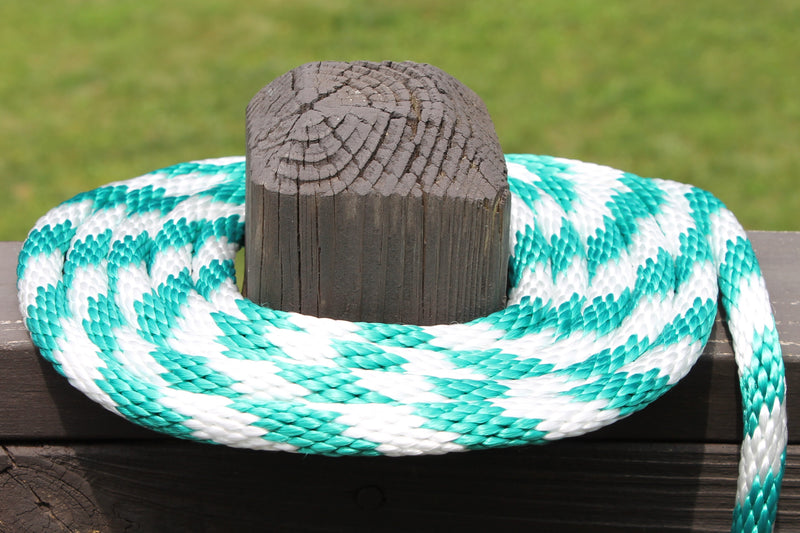 Teal and White Solid Braided Multifilament Polypropylene Rope on a post