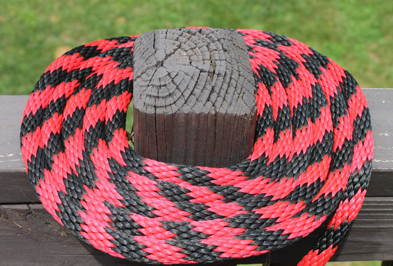 Red and Black Solid Braided Multifilament Polypropylene Rope on a post