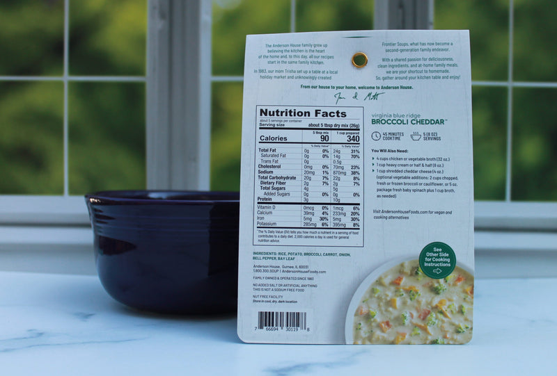 Virginia Blue Ridge Broccoli Cheddar Soup Mix Nutritional Facts and Instructions