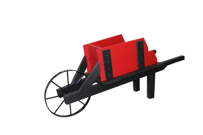 Side view of the red and black Amish Made Decorative Poly Wheelbarrow