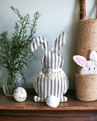 Shop Harvest Array for handcrafted Blue and Cream Striped Easter Bunny Spring Decorations. 
