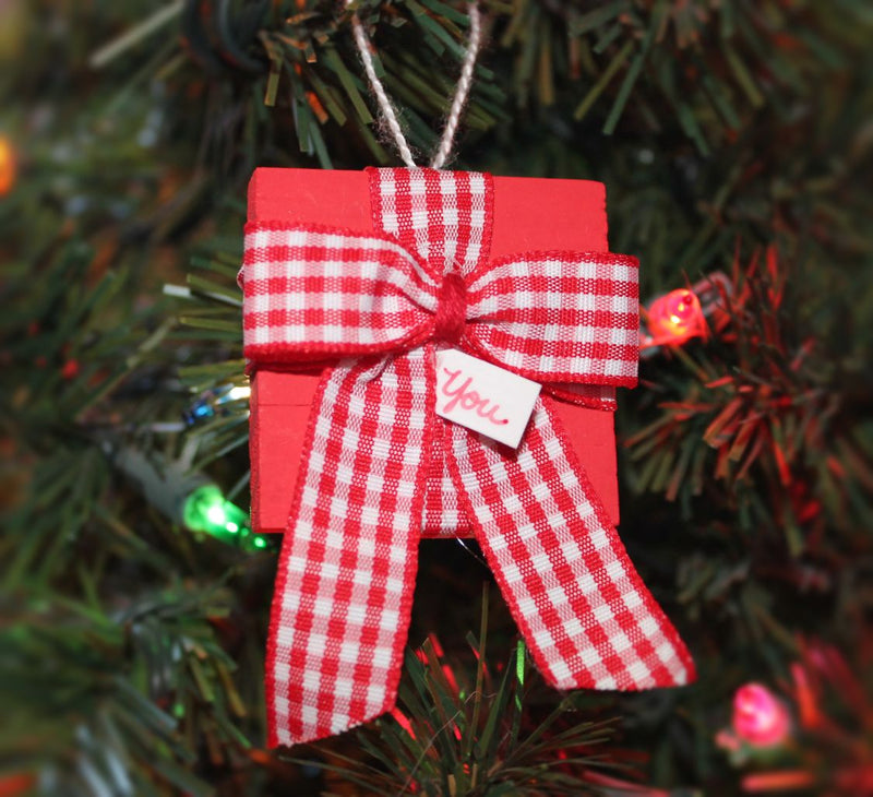 Red Wooden Gift with Bow Christmas Ornament