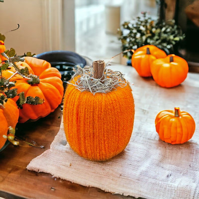 Handmade Pumpkin made with orange yarn, Spanish moss, and wood for the handle.  Makes a beautiful fall indoor decoration.