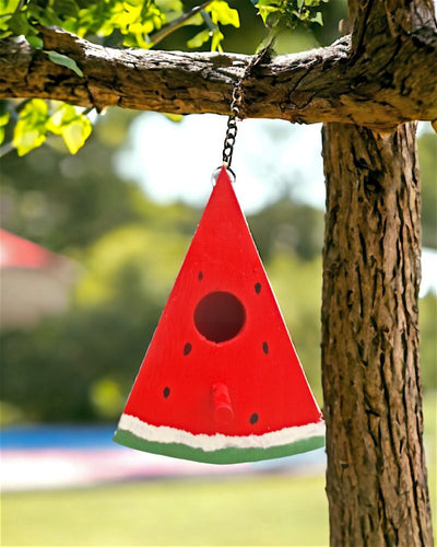 Handmade Wooden Red Watermelon Shaped Birdhouse with perch for online purchase only at Harvest Array.
