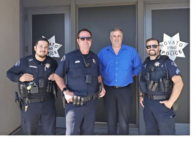 The inventor, owner, and operator of the Temple Massager™ pictured with some officers of the Novato PD that have benefitted from use of the Temple Massager™