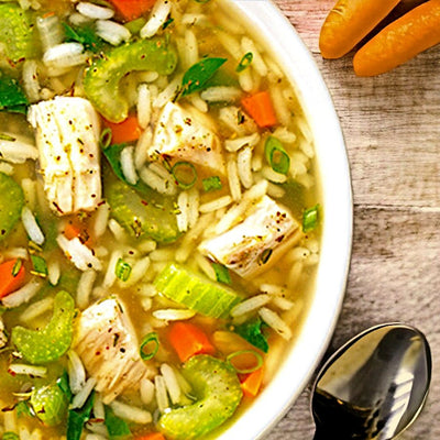 Bowl of Chicken and Rice Soup made with Anderson House Kentucky Homestead Chicken and Rice Soup Mix from Harvest Array.